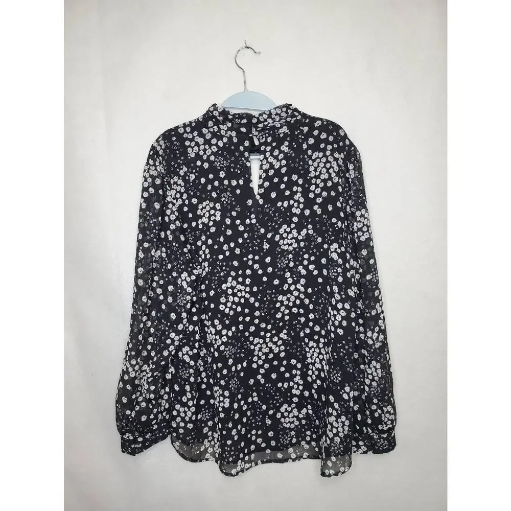 Karl Lagerfeld Paris Floral High Neck Key Hole Balloon Sleeve Semi Sheer Blouse